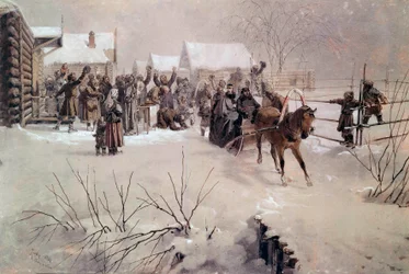 そりに乗って雪の降る村を横切る皇帝アレクサンドル2世（1818-1881） ミハーイ・フォン・ツィーシー（1827-1906）による水彩画 19世紀 サンクトペテルブルク、ペテルホフ城