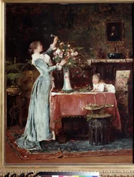 ""La composition dubouquet"" (ブーケを作る) 花束を用意する中産階級 (ハンガリー語?) の女性、娘が彼女を見ています。 Mihaly Munkacsy (1844-1900) による 1880 年頃の絵画 プーシキン美術館、モスクワ