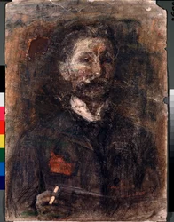 Autoportrait (Self Portrait) - Mikhail Alexandrovich Vrubel (Vrubel) (1856-1910) の作品、段ボールに木炭、パステル、サンギン