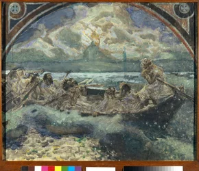 イエスは水の上を歩く (Jesus Walks on Water) - Mikhail Alexandrovich Vrubel (Vrubel) (1856-1910) の作品、紙に水彩、グワッシュ、インク、ペン