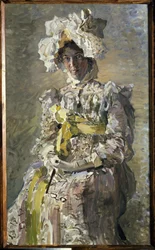 帝国ドレスのナデズダザベラヴルーベルの肖像画。 （アーティストの妻）。 Mikhail Alexandrovich Vroubel（Vrubel）（1856-1910）による絵画、キャンバス上のオイル