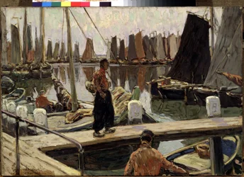 帆船、静けさ（帆船、静けさ）。 ミハイル・アレクサンドロヴィッチ・デミャノフ（1873-1913）による絵画。 キャンバスに油彩