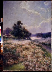 開花草原 (ブルーミング メドウ)。 ミハイル・アンドレエヴィッチ・ベルコス (1861-1919) の絵画。 キャンバスに油彩