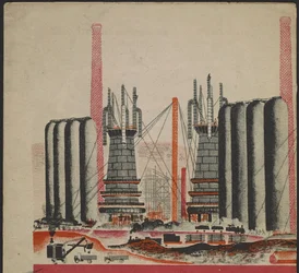 Illustration du livre pour enfants ""Combinat metallurgique Kuznets : un geant socialiste"" - 子供向けの本 ""Kuznets Metallurgical Combine: A Socialist Giant" のイラスト、Gurevich、Mikhail Lvovich (1904-1943)。 カラーリトグラフ