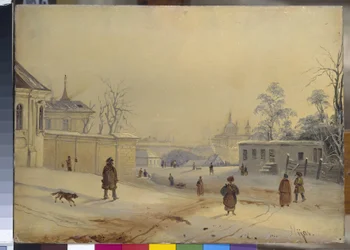 キエフのウラジミールの丘 (キエフのウラジミールの丘 (Vladimirskaya Gorka))。 雪の下の風景。 Mikhail Makarovich Sazhin (1818-1887) の作品、ボール紙に油彩。 19世紀のロシア美術。 国立ロシア美術館、サンクトペテルブルク