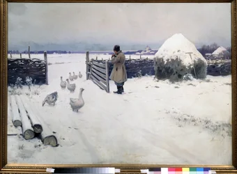 初雪が降りました。 Mikhail Markianovich Germashev (1867-1930) による絵画、キャンバスに油彩、1890 年頃、19 世紀のロシアの芸術。 国立トレチャコフ美術館、モスクワ。