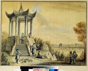 ツァルコエ・セローのキャサリン公園にあるグランド・カプリース・パビリオン。 Mikhail Matveevich Ivanov (1758-1823) の作品、紙に水彩とチョーク、18 世紀後半。 18世紀のロシア美術。 イン