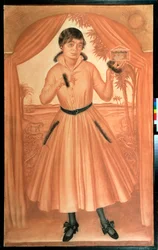 アーティストの妻の肖像 - アレクサンドル エフゲニエヴィッチ ヤコブレフ (1887-1938) の作品、紙に黒チョークと楽観主義、1917 年頃、20 世紀のロシア美術、モダニズム - 国立ロシア美術館、サンクトペテルブルク