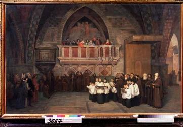 「イタリア、アッシジの聖フランチェスコ教会の晩餐会」ミハイル・ペトロヴィッチ・ボトキン（1839-1914）による絵画、1871年国立トレチャコフ美術館、モスクワ