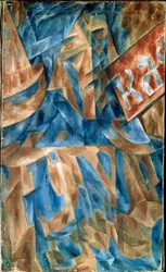 Femme dans un cafe (Lady in a Cafe) - キュービストの構図、カフェの正面の一部 (碑文 KA) - Mikhail Vasilyevich Le Dantyu (1891-1917) による絵画、キャンバスに油彩、1910 年頃 - ロシアの芸術、 20世紀警備員の前、抽象芸術 - Stat