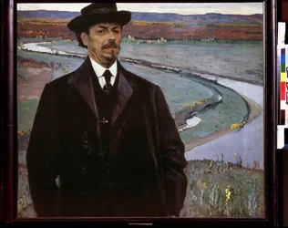 自画像。 Mikhail Vasilyevich (Vasilyevich) Nesterov (1862-1942) による絵画、木に油彩