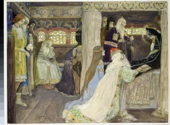アレクサンドル ネフスキー大公 (1220-1263) の死。 （大公アレクサンドル・ネフスキーの死）。 Mikhail Vasilyevich Nesterov (1862-1942) の作品、紙に水彩、グワッシュ