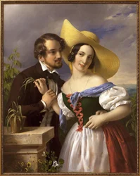 ラブジョーク 誘惑やいちゃつきのシーン。ミクロス・バラバス（1810-1898）の絵画、油彩・キャンバス