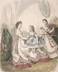 最新のインドア ファッションを着た 2 人の女性と小さな女の子、c1860