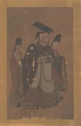 皇帝と二人の侍女（アルバムリーフ、絹本、墨、彩色）