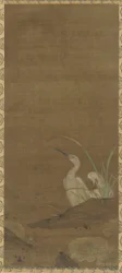 サギと水生植物（シルクのインクと色）