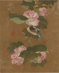 鳥と花の10枚の写真（シルクの色）