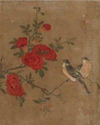 鳥と花の10枚の写真（シルクの色）