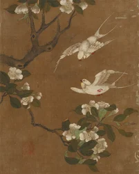 鳥と花の10枚の写真（シルクの色）