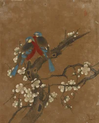 鳥と花の10枚の写真（シルクの色）