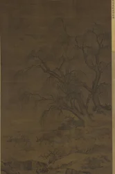 柳の木の下の水牛と付添人