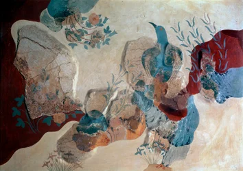 ミノアの芸術。"青い鳥" フレスコ画の家のフレスコ画の断片。紀元前1500年。Heraklion, Archeological Museum, Crete - ミノア美術：「青い鳥」。岩、野バラ、アヤメの中にいる鳥を描いたフレスコ画の断片（フレスコ画の家より