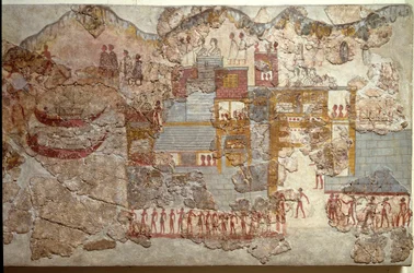 ミノア美術。アクロティリからサントリーニにかけての「舟」フレスコ画。紀元前16世紀。アテネ、国立考古学博物館