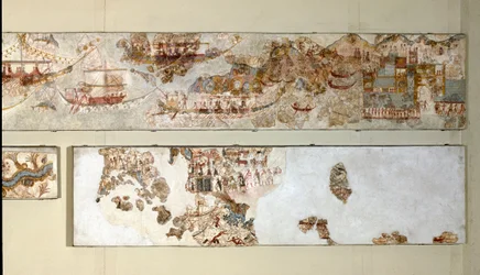 ミノア美術。「海軍遠征」 アクロティリからサントリーニへのフレスコ画。紀元前16世紀。アテネ、国立考古学博物館