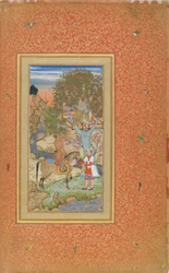 青少年に酒を捧げる馬上の王子 1600年頃 （紙に水彩、墨、金）