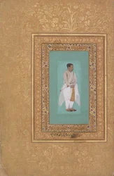 直筆: Raja Suraj Singh Rathor の肖像、裏: 書道のページ...、直筆: 16 世紀後半