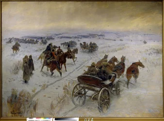 イェゴリクスカヤ (ロシア) での戦い。 ロシア内戦 (1917-1923) のエピソード、雪に覆われた平野での赤軍と白軍の騎兵隊の対立。 Mitrofan Borisovich Grekov（1882-1934）による絵画、キャンバスに油彩