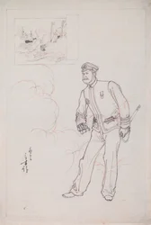 日清戦争中の日本海軍将校を描いた木版画の下絵