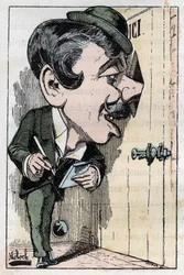 1882年のB.モロク（1849-1909）による漫画、トゥチャトゥの『トロンビノスコープ』における「記者」（ジャーナリスト）の寓意。個人蔵。