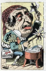 1882年のB.モロク（1849-1909）の漫画、トゥチャトゥの「Le Trombinoscope」におけるフランスの新聞「Le Figaro」の寓意。個人蔵。
