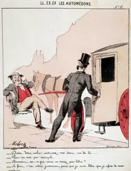 HE.EX.EX.モータードン。都会の交通手段の漫画。あるブルジョワが馬車の運転手に街まで連れて行ってくれと頼むが、自由であるがゆえに断られたことに驚き、その理由を尋ねる。運転手は、自分の選択が自由であるからこそ、断ることができるのだと言う。