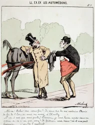 HE.EX.EX.モータードン。都会の交通機関の漫画。東駅まで送ってほしいと馬車に頼んだブルジョワが、ヌーイリーまで運ばれる。モロク（1849-1909）が1860年頃に描いたもの。
