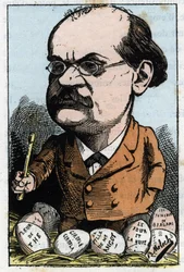 Touchatoutの「Le Trombinoscope」に登場するフランスの作曲家Alexandre Charles Lecocq（1832-1918）の肖像、1882年のB.Moloch（1849-1909）による風刺画。個人蔵。