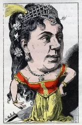 フランスのキャバレーで活躍したEmma Valladon dit Theresa（1837-1913）のポートレート、1882年のB.Moloch（1849-1909）による漫画、Touchatoutの「Le Trombinoscope」に登場する。個人蔵。