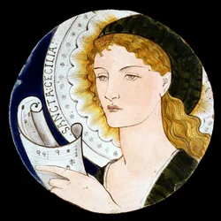 C.2-1922 聖セシリアを描いたモリス アンド カンパニーのタイル、エドワード バーン ジョーンズ (1833-98) がデザイン、ケイト フォークナーが 1865 年頃に塗装 (塗装陶器)