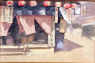 茶屋の外、日本、1887-88年頃（カードに水彩画