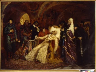 メトロポリタンは、ル・テリブル (1530-1584) として知られるロシアのツァーリ・イヴァン 4 世を奉献します (メトロポリタンは、ツァーリ・イヴァン 4 世を偉大なスキーマに奉献します)。 Moisei Lvovich Maimon（1860-1924）による絵画、キャンバスに油彩