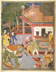 中庭で見物人の群衆の前で主人公が巨人を倒す、ハムザ生のイラスト、c.1555-67（綿のボディカラー）