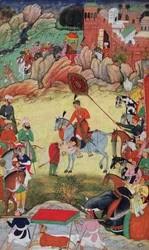 1560年または1561年にアクバルナマから1590年から98年にかけて、中央インドのサランプールでアクバルに敬意を表するアダムカーン