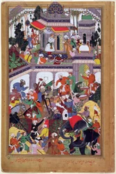 1562年、アムジールのムイン・アド・ディン・チスティの祠を訪れるアクバル皇帝（アブー・ル・ファジ作成の「アクバルナマ」より）。