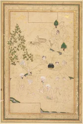 山でのピクニック、単一ページのイラスト、c。 1550-1600。
