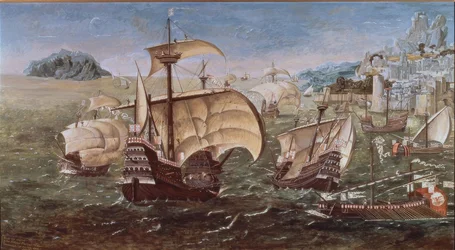 岩場に浮かぶポルトガル船 - 16世紀 - O / L - 78 × 144 - グリニッジ美術館所蔵の原画のコピー