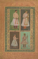 4 つの肖像画: 左上 A Raja おそらく Raja Sarang Rao、Balchand 作... 1610-15