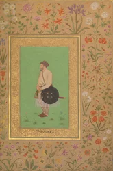 Bahadur Nusrat Jung 中のカーンの肖像、シャー ジャハーン アルバムのフォリオ、Verso: K. 1640年。