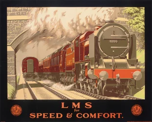 LMS for Speed and Comfort、ロンドン、ミッドランド、スコットランド鉄道を宣伝するポスター (カラー リソ)