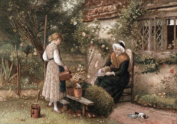 若さと年齢。英国人画家マイルス・バーケット・フォスター（1825-1899）の絵画をもとにしたクロモリトグラフ。レースの帽子をかぶった祖母が二人の孫とコテージの庭に座っている。少女はじょうろで鉢植えの植物に水をやっている。子猫が水やりをしている。